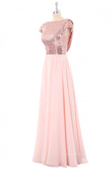 Cap Sleeves Rose Gold Sequin and Chiffon Long Corset Bridesmaid Dress outfit, Nice Dress
