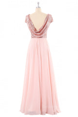 Cap Sleeves Rose Gold Sequin and Chiffon Long Corset Bridesmaid Dress outfit, Elegant Wedding
