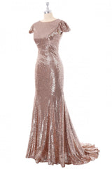 Cap Sleeves Rose Gold Sequin Mermaid Long Corset Bridesmaid Dress outfit, Beach Wedding Guest Dress