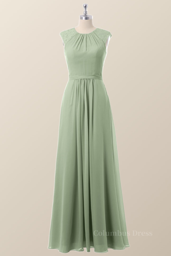 Cap Sleeves Sage Green Chiffon A-line Corset Bridesmaid Dress outfit, Bridesmaid Dresses