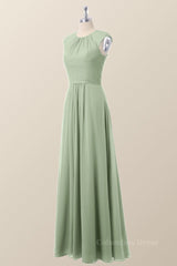Cap Sleeves Sage Green Chiffon A-line Corset Bridesmaid Dress outfit, Bridesmaid Dresses Emerald Green