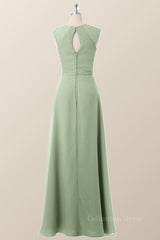 Cap Sleeves Sage Green Chiffon A-line Corset Bridesmaid Dress outfit, Bridesmaid Dress Dark Green