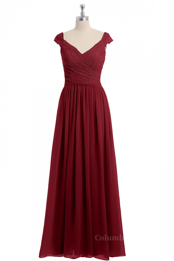 Cap Sleeves Wine Red Lace and Chiffon Long Corset Bridesmaid Dress outfit, Bridesmaid Dresses Photos Gallery