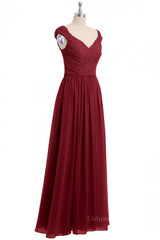Cap Sleeves Wine Red Lace and Chiffon Long Corset Bridesmaid Dress outfit, Bridesmaid