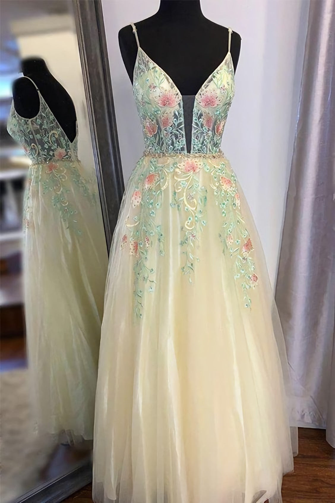 Gorgeous Straps A Line Floral Embroidered Long Corset Prom Corset Formal Dress outfit, Homecoming Dress Short