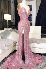 Pink Sweetheart Sequin Mermaid Long Corset Prom Dress, Pink Evening Dress outfit, Homecoming Dress Ideas