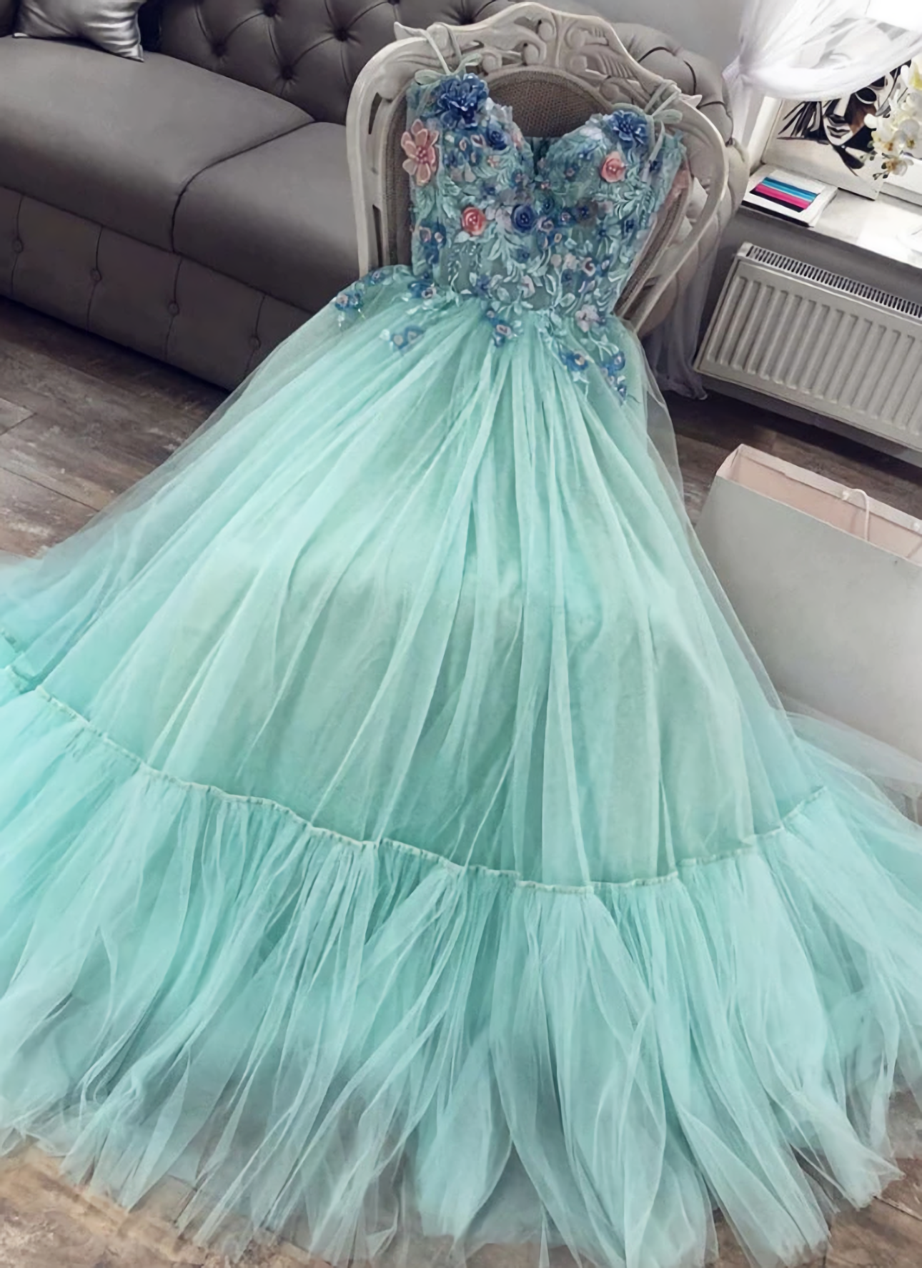 Green Sweetheart Tulle Lace Long Corset Prom Dress, Green Evening Dress outfit, Homecoming Dresses Idea