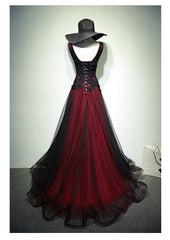 Gorgeous Black And Red V Neckline Tulle Beaded Corset Prom Dress, Long Evening Gown outfits, Homecoming Dresses With Sleeves