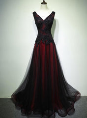 Gorgeous Black And Red V Neckline Tulle Beaded Corset Prom Dress, Long Evening Gown outfits, Homecoming Dress Pink