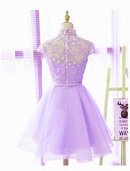 Cute High Neckline Lavender Short Graduation Dress, Corset Homecoming Dress outfit, Prom Dress Shorts