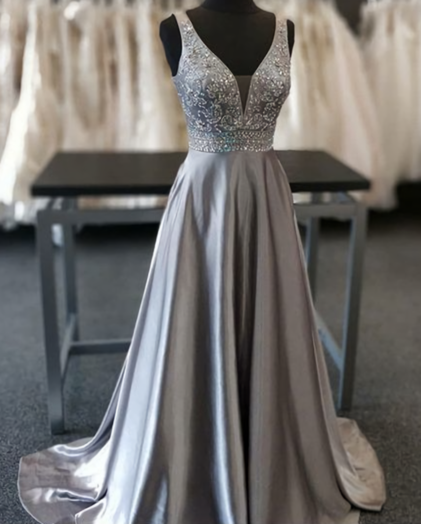 Beautiful Elegant Silver Grey Corset Prom Dress, Beaded Evening Gowns V Neck Corset Formal Dress, Special Occasion Dress outfits, Long Dress Outfit