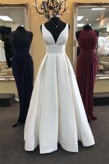 White V Neck Satin Long Corset Prom Dress, White Evening outfit, Evening Dresses Velvet