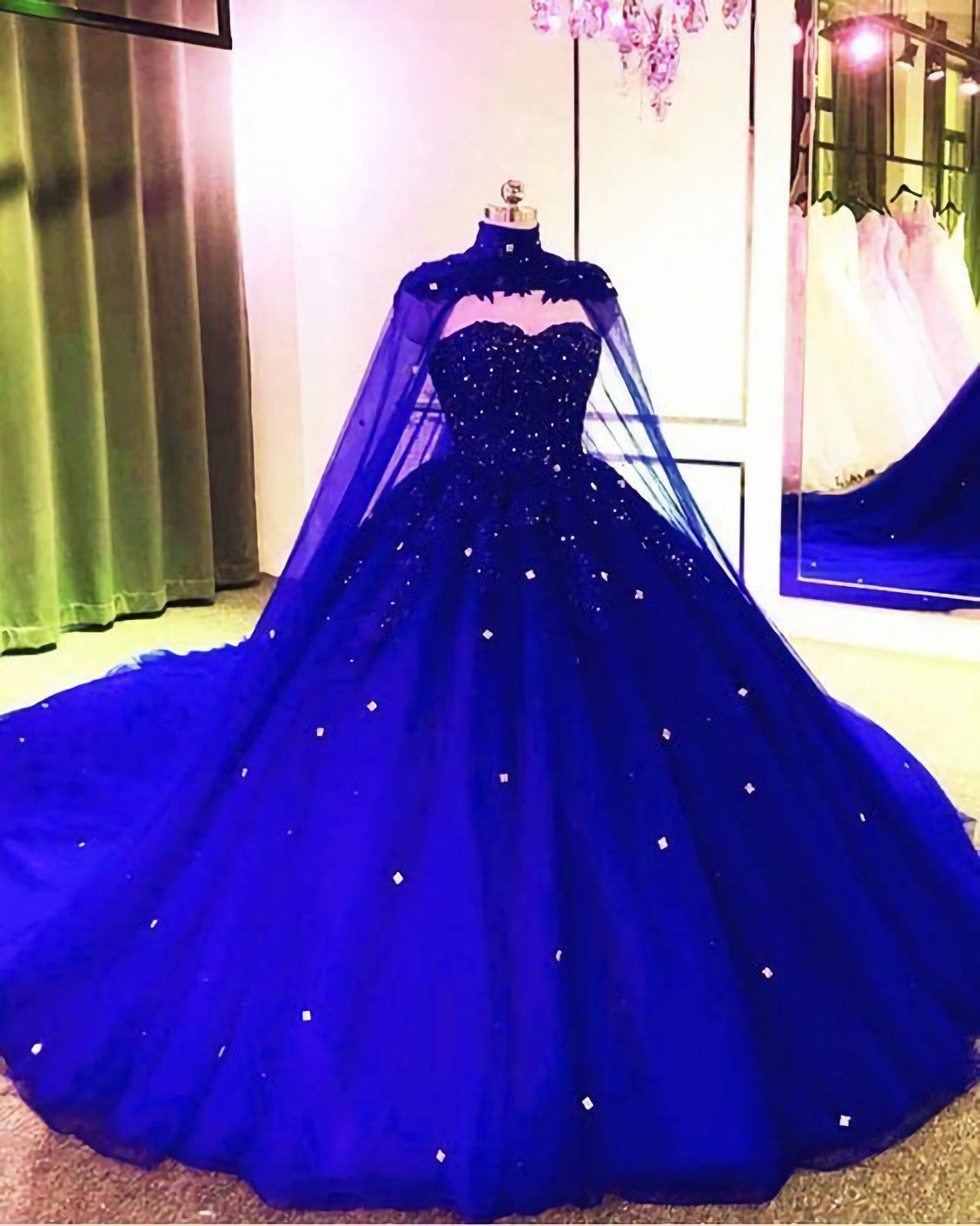 Royal Blue Tulle Corset Ball Gown Corset Prom Dress, With Cape Gowns, Evening Dresses Long Sleeve