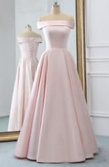 Pink Satin Long Evening Dress, With Pockets Pink Corset Prom Gowns outfits, Homecoming Dresses Elegant