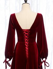 Charming Dark Red Velvet Long Sleeves A Line Party Dress, Party Corset Prom Dress outfits, Homecomeing Dresses Black