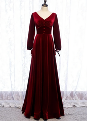 Charming Dark Red Velvet Long Sleeves A Line Party Dress, Party Corset Prom Dress outfits, Homecoming Dress Black