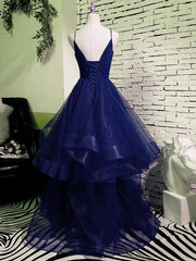 Charming Spaghetti Strps Navy Blue Corset Prom Dress 2024 Tulle Layers Long Evening Gown outfits, Homecoming Dresses Green
