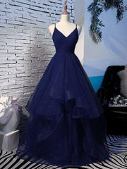 Charming Spaghetti Strps Navy Blue Corset Prom Dress 2024 Tulle Layers Long Evening Gown outfits, Homecomming Dresses Green