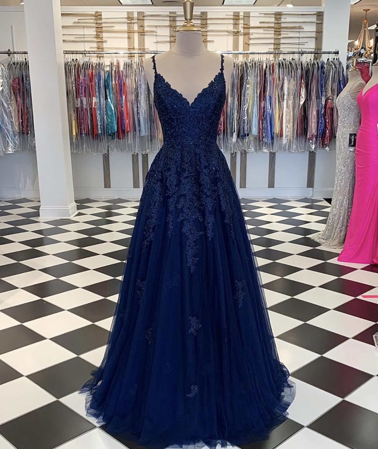 Blue V Neck Tulle Lace Long Corset Prom Dress, Evening Dress outfit, Homecoming Dresses Ideas