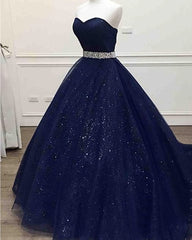 Ong Navy Blue Sparkle Sweetheart Tulle Corset Prom Dress, With Beading Belt outfits, Homecoming Dresses Unique
