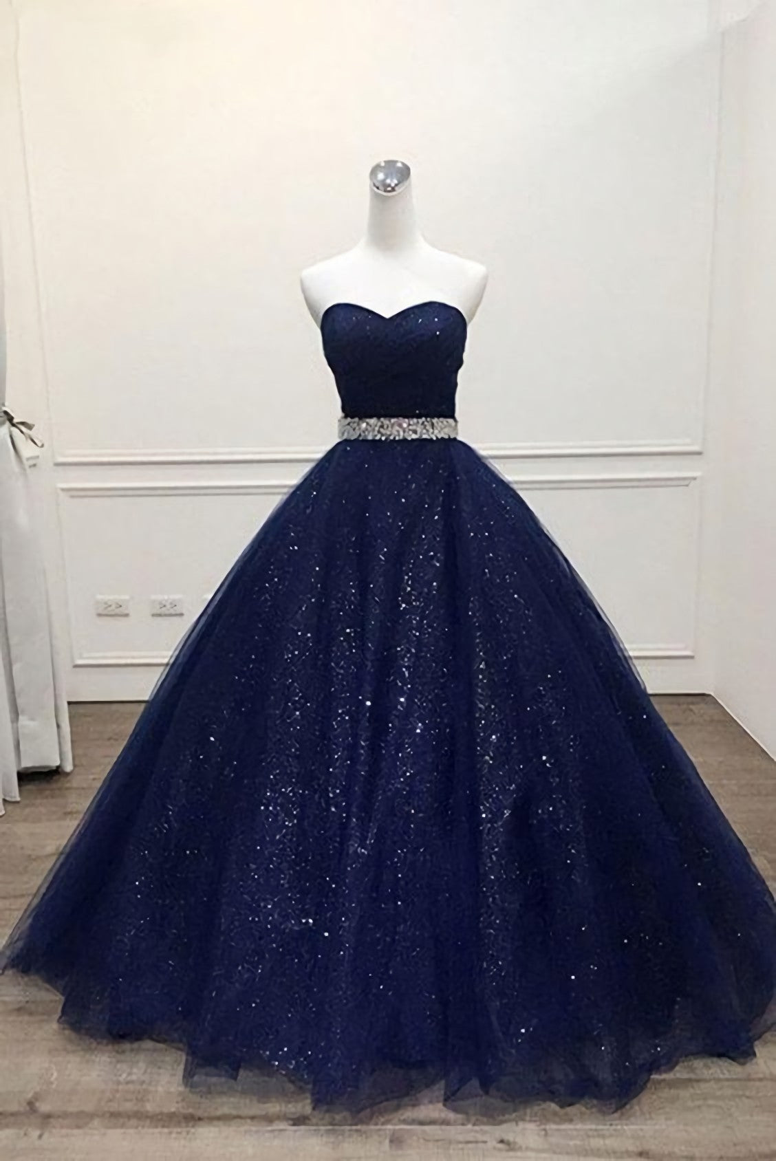 Ong Navy Blue Sparkle Sweetheart Tulle Corset Prom Dress, With Beading Belt outfits, Homecoming Dresses Online