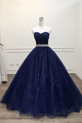 Ong Navy Blue Sparkle Sweetheart Tulle Corset Prom Dress, With Beading Belt outfits, Homecoming Dresses Online
