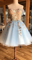 A Line Off The Shoulder Above Knee Light Blue Corset Homecoming Dress, With Appliques Gowns, Prom Dress Size 21