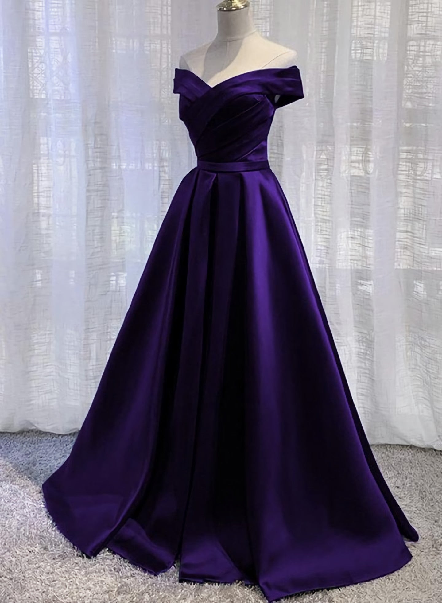 Simple Off Shoulder Satin Long Corset Prom Dress, Dark Purple Party Dress Outfits, Short Formal Dress