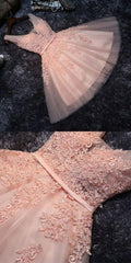 Princess Lace Appliqued Tulle Corset Homecoming Dress, Blush Pink Short Corset Bridesmaid Dresses, Short Corset Homecoming Dress outfit, Prom Dress Aesthetic