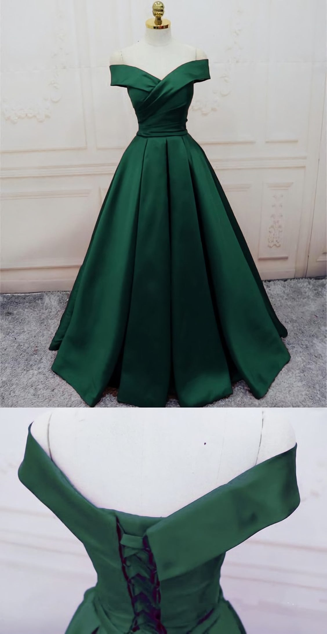 Emerald Green Long Satin Evening Dresses, V Neck Off The Shoulder Corset Prom Dresses outfit, Homecoming Dresses Knee Length