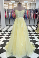 Yellow Tulle Lace Long Corset Prom Dress, Yellow Lace Corset Formal Dress outfit, Homecoming Dresses Classy