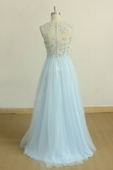 A Line Round Neck Baby Blue Lace Long Corset Prom Dress, With Butterfly Gowns, Homecoming Dress Websites