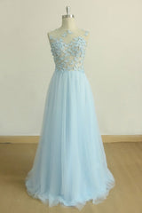 A Line Round Neck Baby Blue Lace Long Corset Prom Dress, With Butterfly Gowns, Homecoming Dress 2027