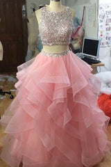 Jewel Neck Pink Party Dresses, Sequins And Beaded 2 Pieces Corset Prom Dresses, Ruffle And Tiered Tulle Affordable Evening Dresses outfit, Prom Dresses Casual
