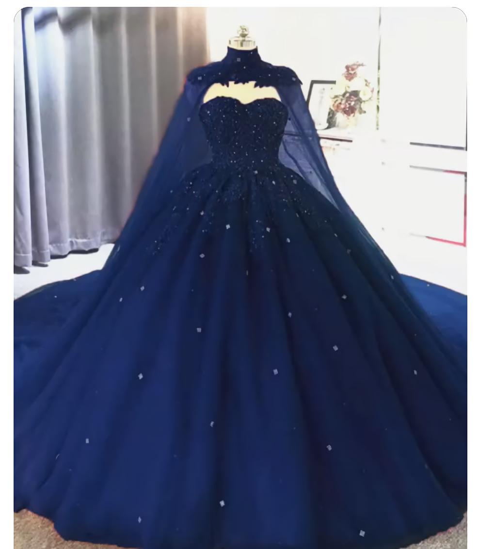 Elegant Lace Embroidery Tulle Beaded Quinceanera Dresses, Navy Blue Corset Ball Gown Corset Prom Dress, With Cape Gowns, Prom Dress Under 107