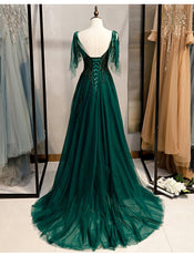 Elegant V Neckline Straps Tulle Long Junior Corset Prom Dress, Green Corset Prom Dress 2024 Gowns, Prom Dress Stores Near Me
