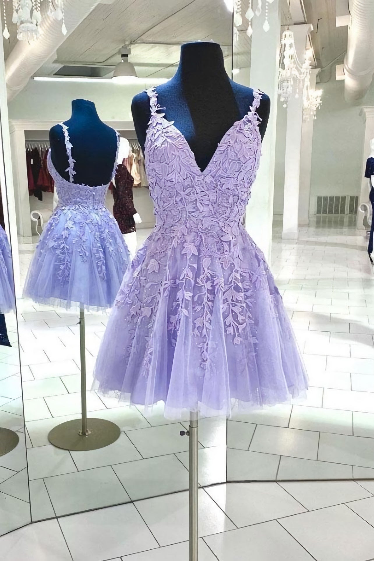 Purple V Neck Tulle Lace Short Corset Homecoming Dress, Lace Cocktail Dress outfit, Prom Dress With Sleeve