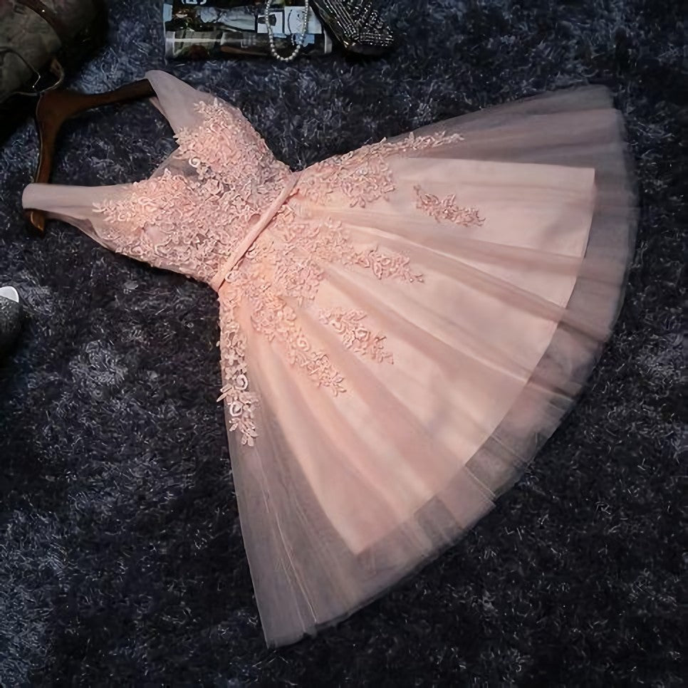 Princess Lace Appliqued Tulle Corset Homecoming Dress, Blush Pink Short Corset Bridesmaid Dresses, Short Corset Homecoming Dress outfit, Prom Dress Type