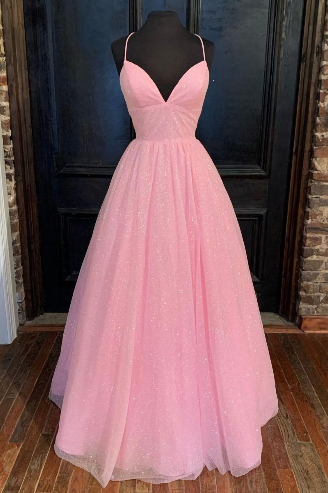 Empire Pink Shiny Tulle Long Corset Prom Dress 2024 Gowns, Evening Dress V Neck