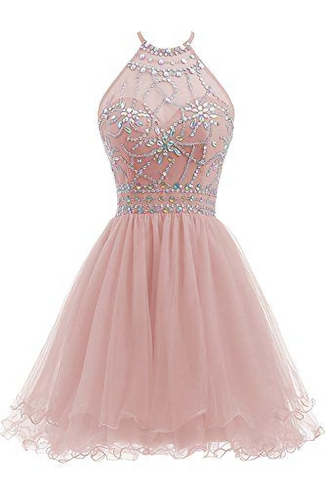 Beaded Halter Corset Homecoming Dress, Short Tulle Dress outfit, Prom Dresses Princesses