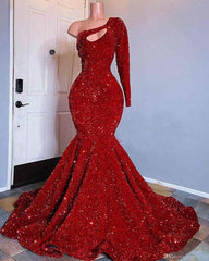 Red Sequined Black Girls Mermaid Corset Prom Dresses 2024 Plus Size One Shoulder Long Sleeve Sequined Keyhole Corset Prom Gowns outfits, Evening Dresses Dresses