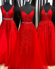 A Line Red Beaded Tulle Gown Corset Prom Dresses outfit, Evening Dresses Formal