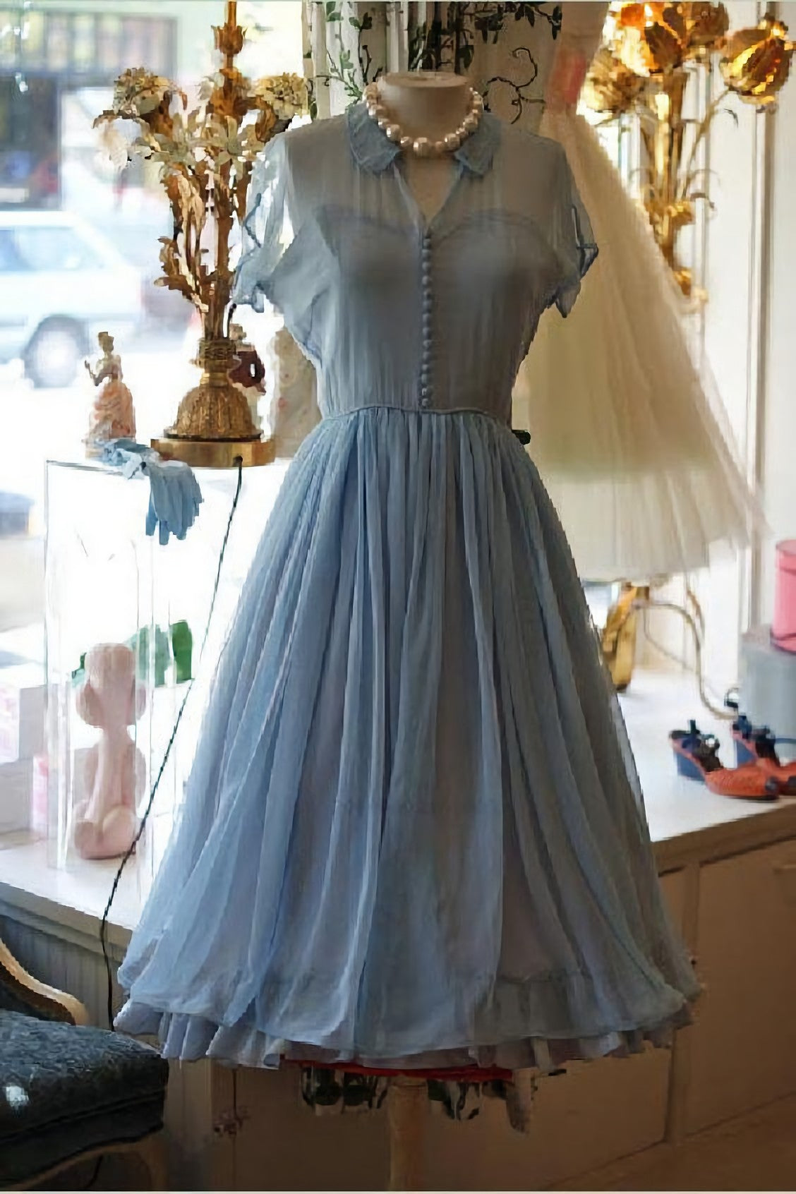 Light Dresses, Chiffon Elegant A Line Doll Collar Short Sleeves Corset Homecoming Blue Chiffon Vintage Style Dress outfit, Prom Dresses Fitting