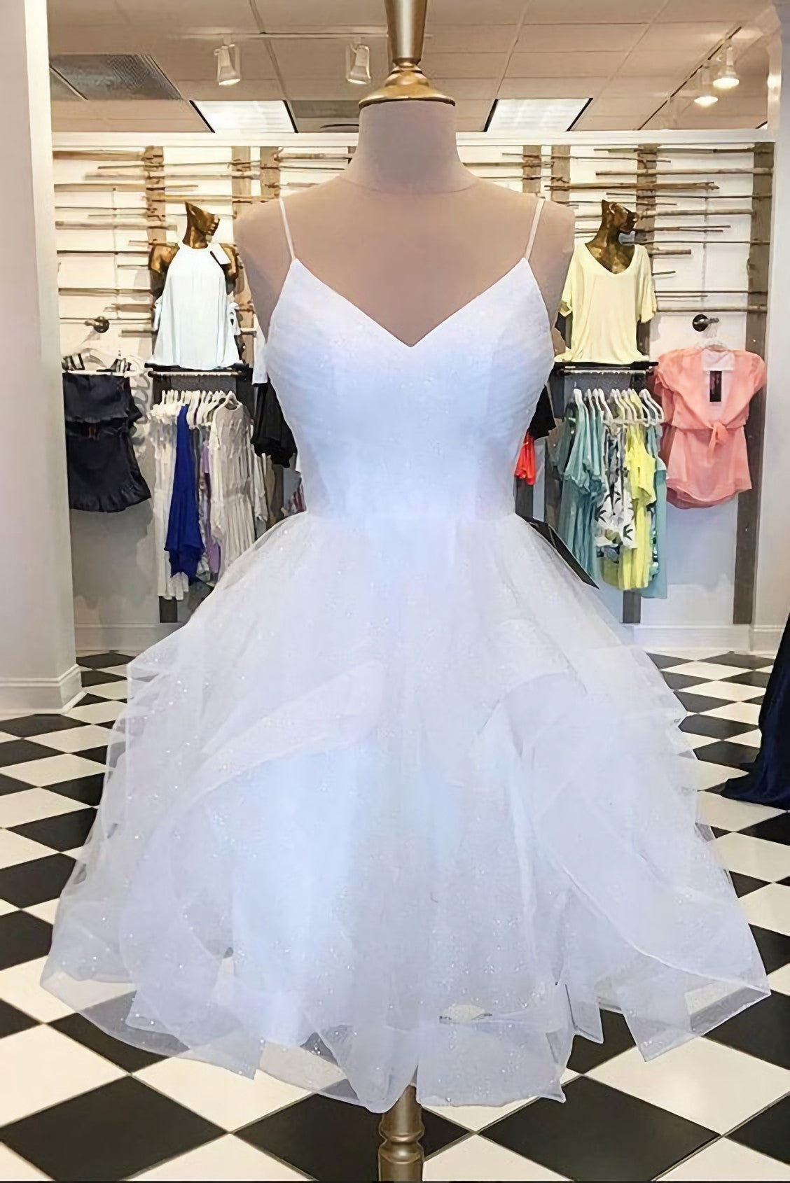 White Tulle Layered V Neck Short Corset Homecoming Dress, White A Line Party Dress Outfits, Prom Dresses Ballgown