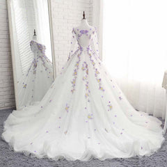 White Tulle Ruffles Long 3D Flower Lace Applique Corset Prom Dress, Quinceanera Dress, With Sleeve Gowns, Homecoming Dress Modest