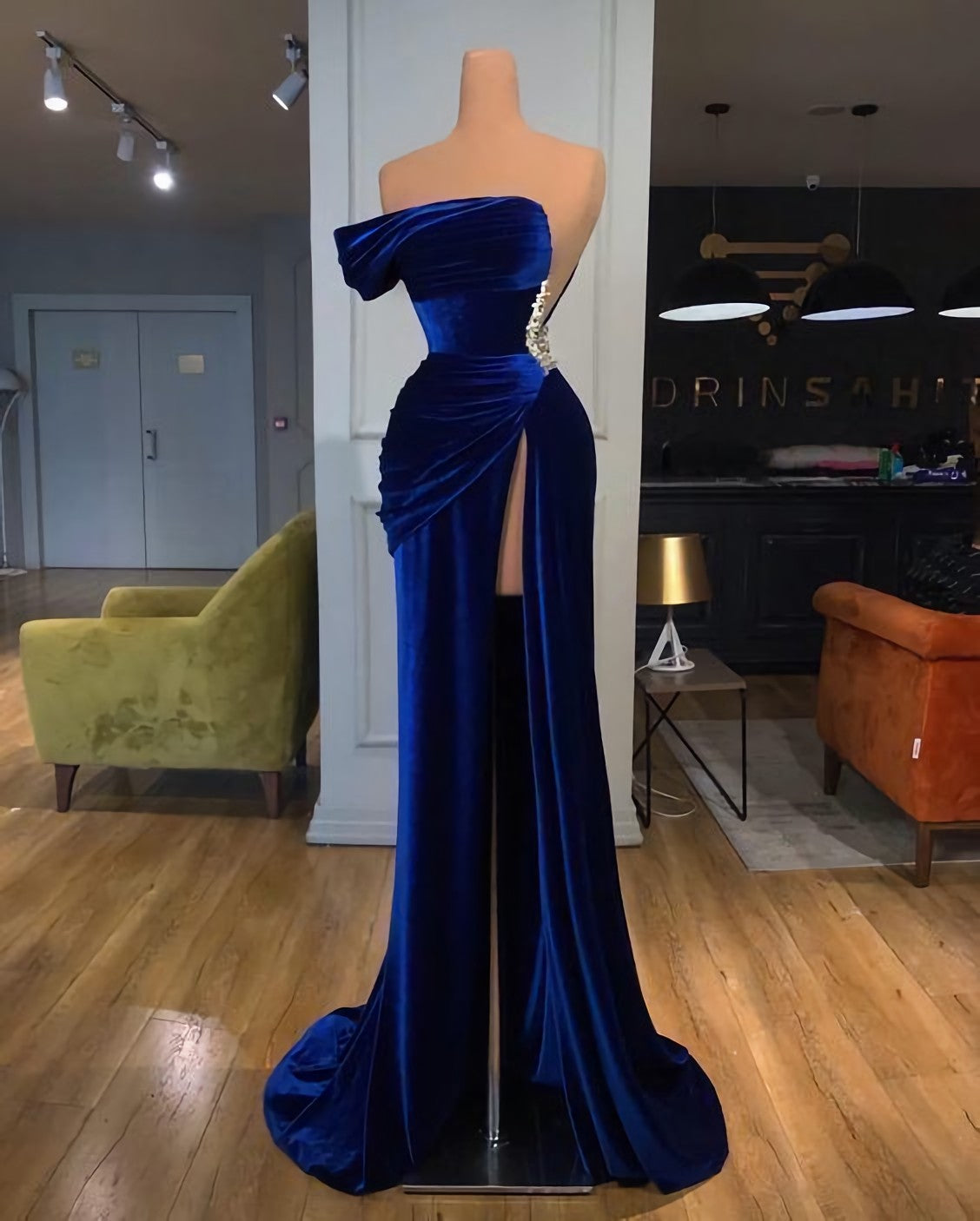 One Shoulder Royal Blue Velvet Evening Corset Prom Dress, With Slit Gowns, Long Dress Design