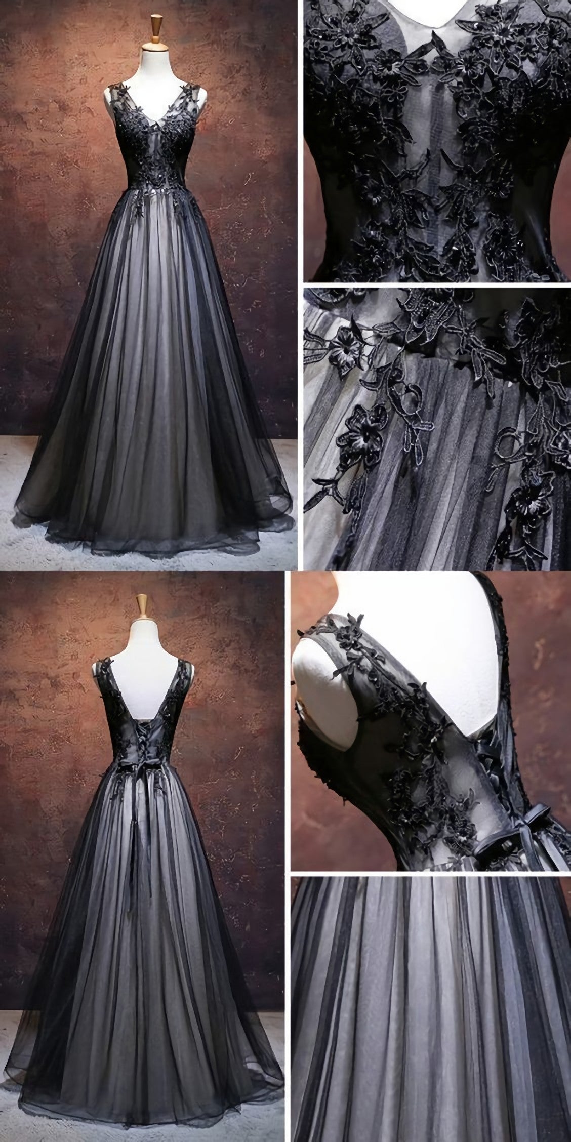 Chic A Line V Neck Floor Length Tulle Black Applique Long Corset Prom Dress, Evening Dress outfit, Prom Dress Design