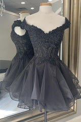Off The Shoulder Black Short Party Dress, Corset Homecoming Dress outfit, Prom Dresses Silk