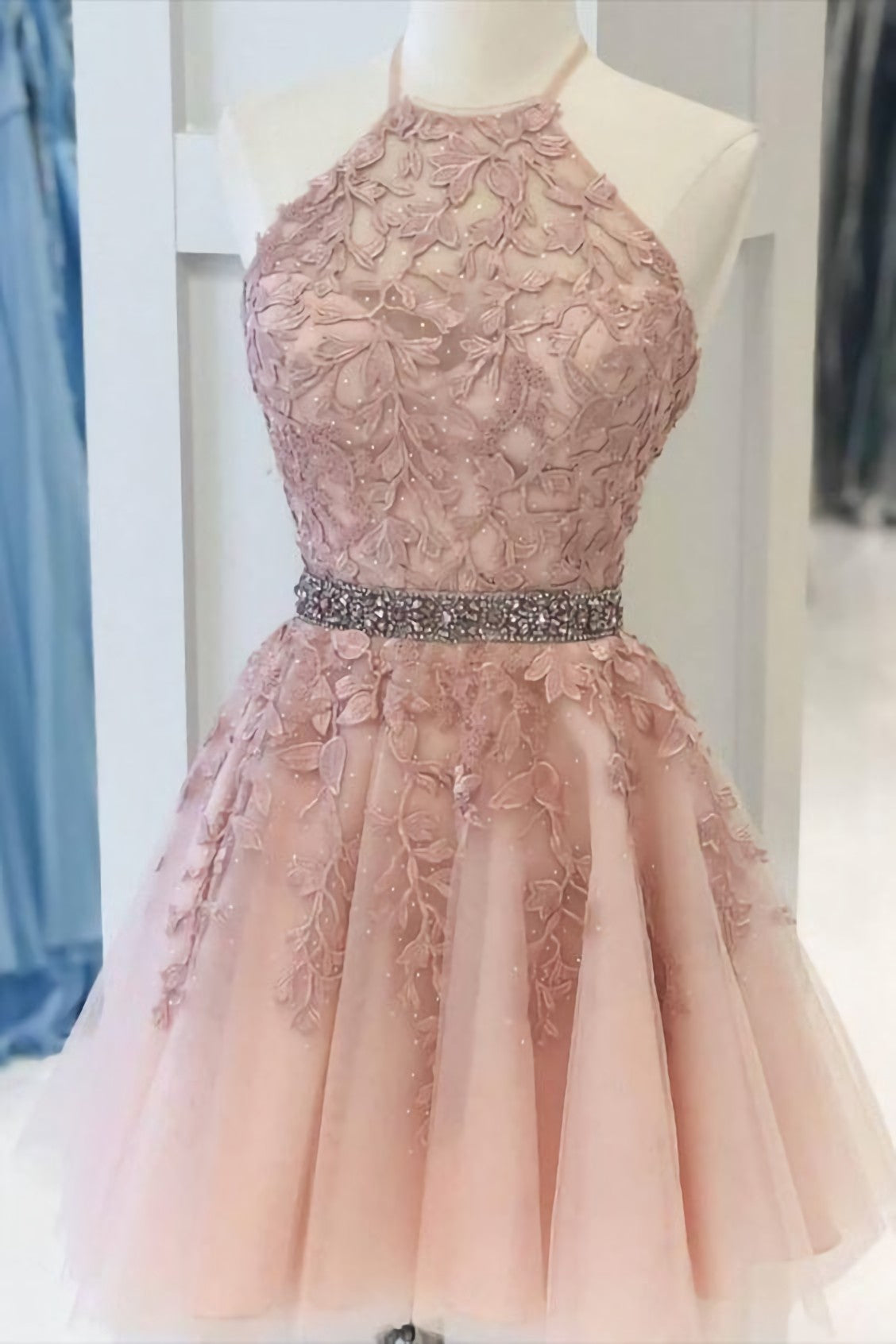 Pink Halter Appliqued Corset Homecoming Dress, With Beading Belt outfits, Prom Dressed A Line