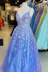 A Line Blue Lace Appliqued Long Corset Formal Dress, Corset Prom Dresses outfit, Homecoming Dresses Long